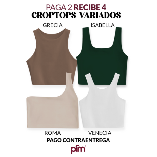 PAGA 2 CROPTOP Y LLEVA 4 (VARIADOS) - GRECIA (CHOCOLATE) ISABELLA (VERDE MILITAR) ROMA (CAMEL) VENECIA (BLANCO)