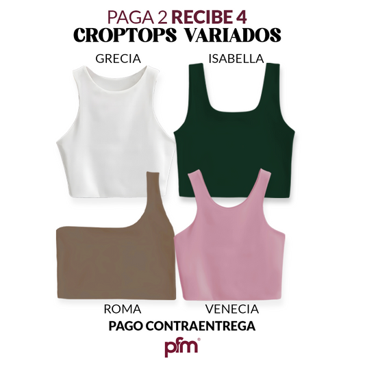 PAGA 2 CROPTOP Y LLEVA 4 (VARIADOS) - GRECIA (BLANCO) ISABELLA (VERDE MILITAR) ROMA (CHOCOLATE) VENECIA (ROSADO)