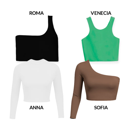 CROPTOPS VARIADOS PACK X4 - ROMA (NEGRO) VENECIA (VERDE MANZANA) ANNA (BLANCO) SOFIA (CHOCOLATE)