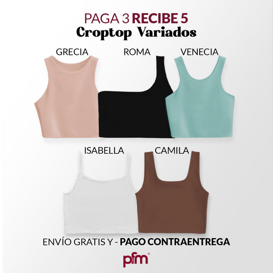 PAGA 3 CROPTOP Y LLEVA 5 (VARIADOS) - GRECIA (CAMEL) ISABELLA (CHOCOLATE) ROMA (NEGRO) CAMILA (BLANCO) VENECIA (OLIVA)