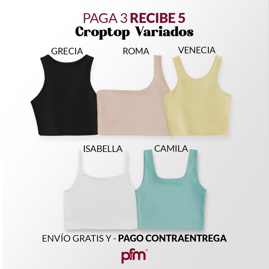PAGA 3 CROPTOP Y LLEVA 5 (VARIADOS) - GRECIA (NEGRO) ISABELLA (OLIVA) ROMA (CAMEL) CAMILA (BLANCO) VENECIA (AMARILLO)