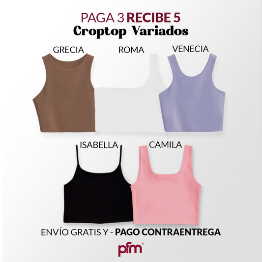 PAGA 3 CROPTOP Y LLEVA 5 (VARIADOS) - GRECIA (CHOCOLATE) ROMA (BLANCO) VENECIA (LILA) CAMILA (NEGRO) ISABELLA (ROSADO)