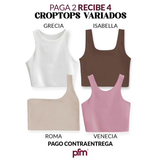 PAGA 2 CROPTOP Y LLEVA 4 (VARIADOS) - GRECIA (BLANCO) ISABELLA (CHOCOLATE) ROMA (CAMEL) VENECIA (ROSADO)