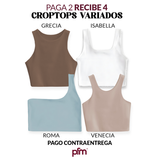 PAGA 2 CROPTOP Y LLEVA 4 (VARIADOS) - GRECIA (CHOCOLATE) ISABELLA (BLANCO) ROMA (OLIVA) VENECIA (CAMEL)