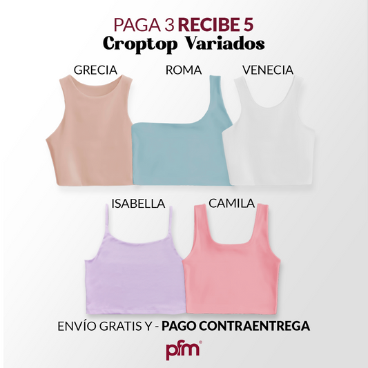 PAGA 3 CROPTOP Y LLEVA 5 (VARIADOS) - GRECIA (CAMEL) ROMA (OLIVA) VENECIA (BLANCO) CAMILA (LILA) ISABELLA (ROSADO)