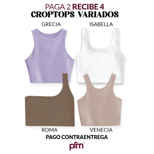 PAGA 2 CROPTOP Y LLEVA 4 (VARIADOS) - GRECIA (LILA) ISABELLA (BLANCO) ROMA (CHOCOLATE) VENECIA (CAMEL)