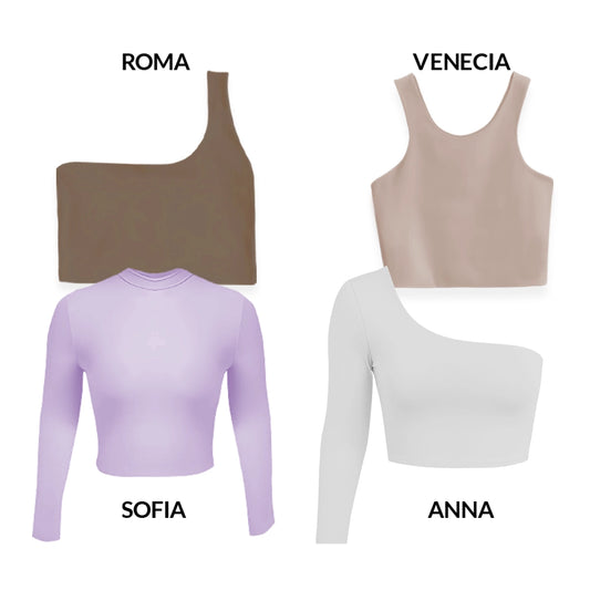 CROPTOPS VARIADOS PACK X4 - ROMA (CHOCOLATE) VENECIA (CAMEL) ANNA (BLANCO) SOFIA (LILA)