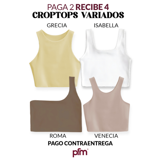 PAGA 2 CROPTOP Y LLEVA 4 (VARIADOS) - GRECIA (AMARILLO) ISABELLA (BLANCO) ROMA (CHOCOLATE) VENECIA (CAMEL)