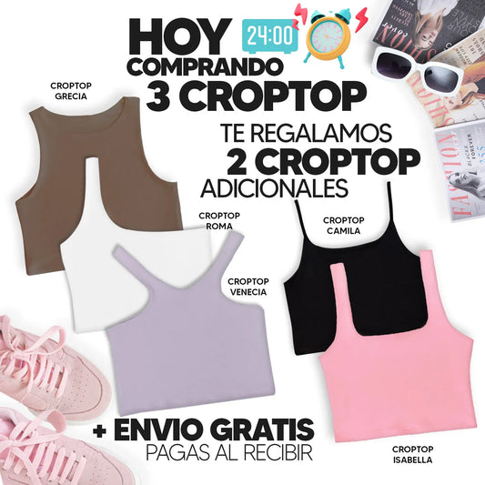 PAGA 3 CROPTOP Y LLEVA 5 (VARIADOS) - GRECIA (CHOCOLATE) ROMA (BLANCO) VENECIA (LILA) CAMILA (NEGRO) ISABELLA (ROSADO)