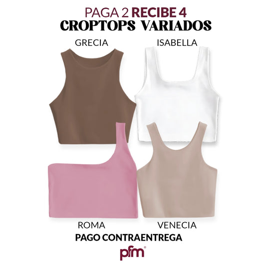PAGA 2 CROPTOP Y LLEVA 4 (VARIADOS) - GRECIA (CHOCOLATE) ISABELLA (BLANCO) ROMA (ROSADO)  VENECIA (CAMEL